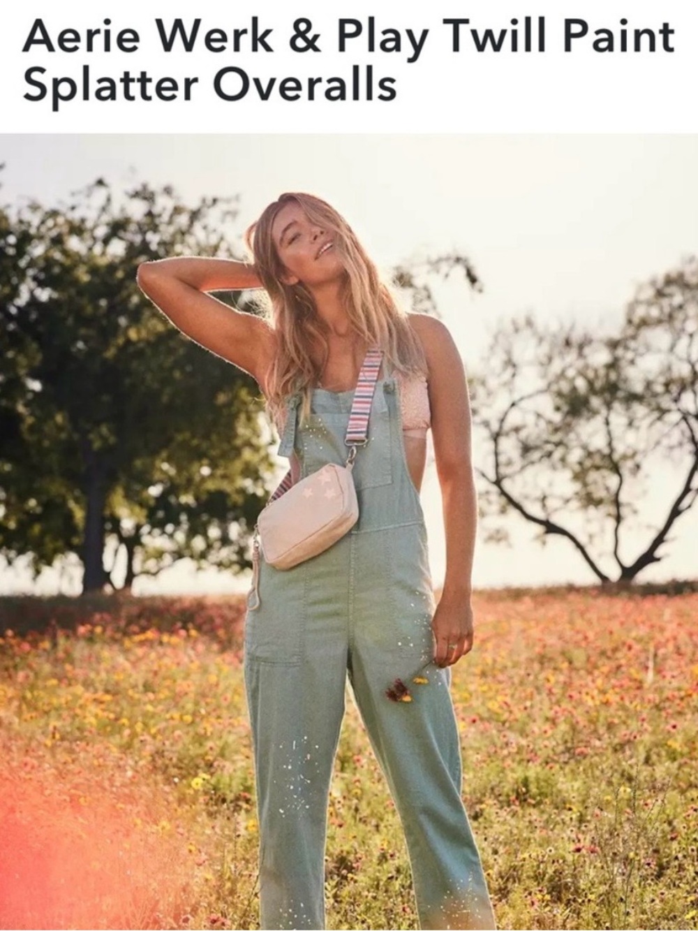 AERIE Werk & Play Sage Green Twill paint splatter Overalls LIKE NEW